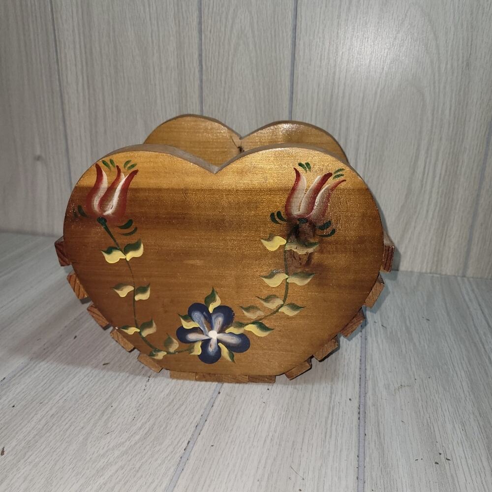 Vtg Handcrafted Wooden Heart Box Handpainted Floral Design Retro Farmhouse